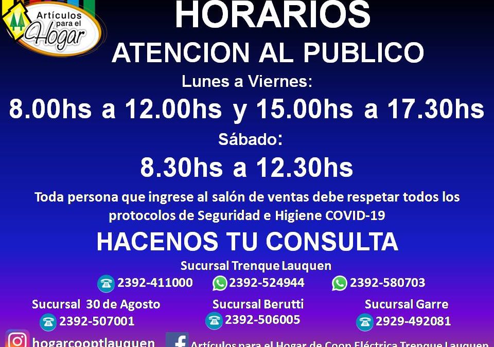 Los horarios ACTUALIZADOS en Artículos para el Hogar